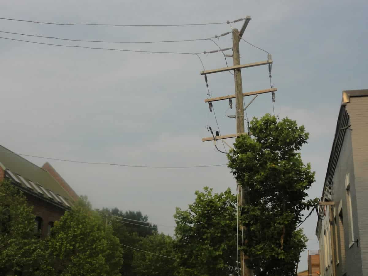 A wooden utility pole with electrical insulators and power lines outdoors, situated between trees and residential buildings on a cloudy day.